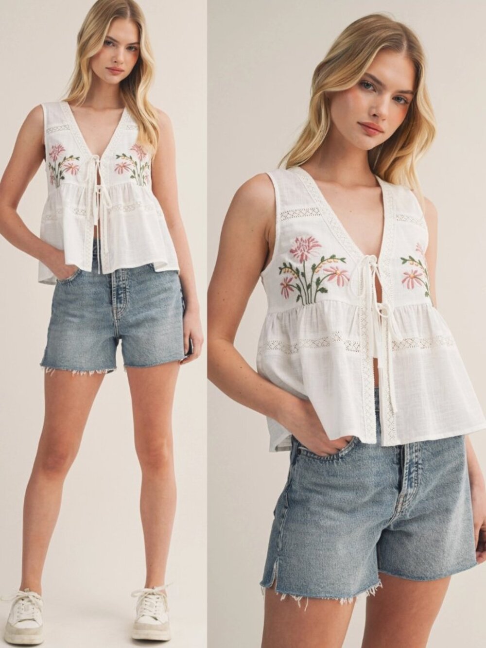 Kiley Embroidered Linen Vest | Women's Summer Tank Top | Front Ties | Floral